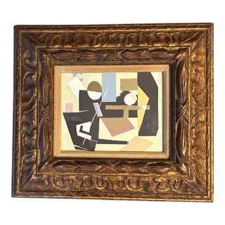1950’s Original Abstract Expressionist Cubist Painting in Vintage Chunky Frame For Sale