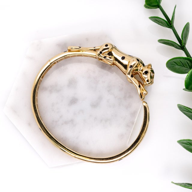 Concrete Jungle Chic - Fierce Leopard Bangle W Diamond Accents in 14k Solid Gold For Sale - Image 4 of 9