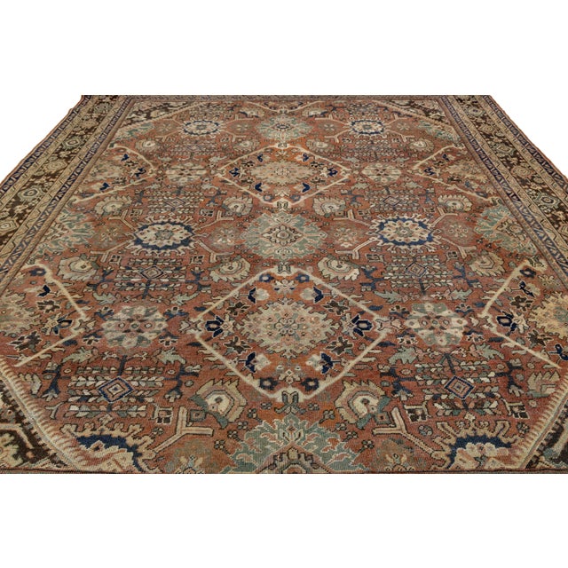 Brick Red Mahal Wool Area Rug - Transitional Geometric Floral Design - Earth Tone Decor For Sale - Image 8 of 10