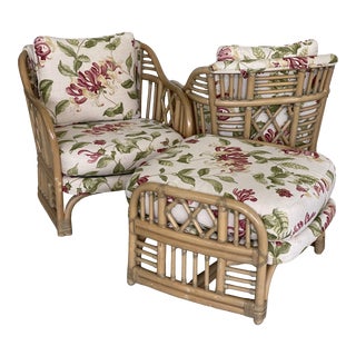 Vintage Coastal Rattan Fretwork Pair Chairs and Ottoman Set-Three Pieces For Sale