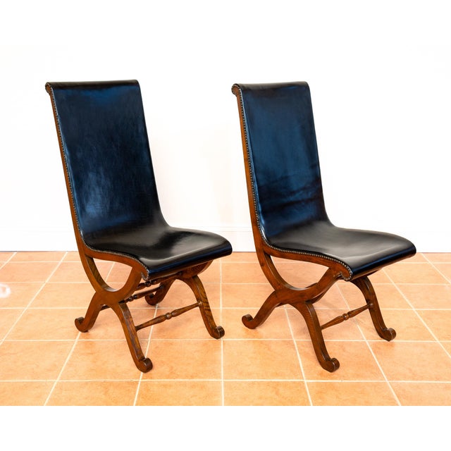 Mid-Century Neo-Classical Spanish Oak and Black Leather Dining Chairs by Pierre Lottier for Valmazan, 1960s, Set of 2 For Sale - Image 16 of 18