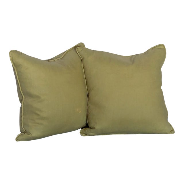 Pair of Olive Green Linen Pillows With Unique Sheen For Sale