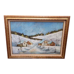 1970s Vintage Winter Snow Scene Painting Signed, Framed