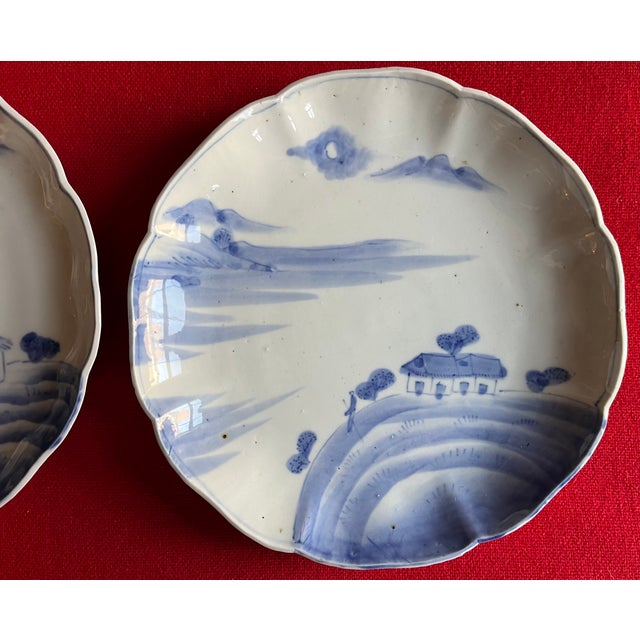 Antique 19th Century Japanese Meiji Blue & White Porcelain Landscape Plates With a Cottage - A Pair For Sale - Image 4 of 6