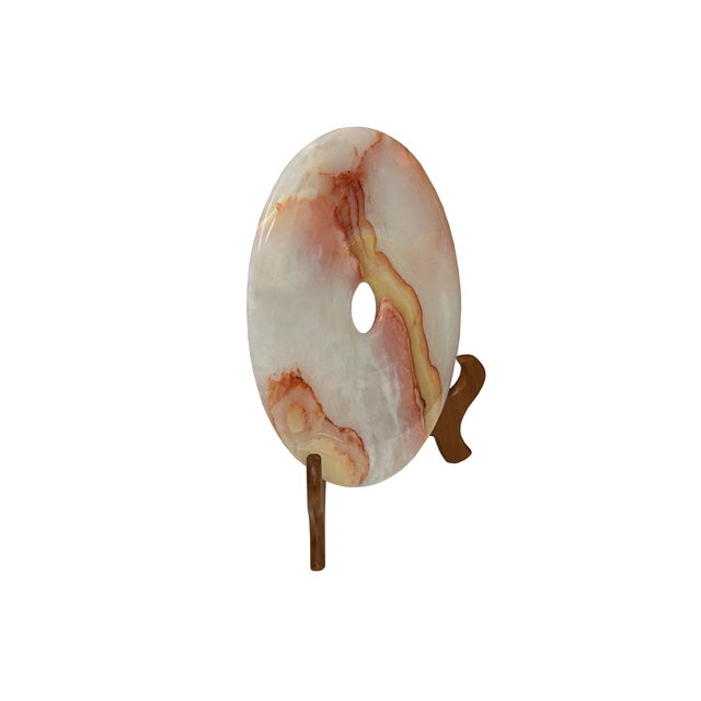 1990s 9.75" Natural White Brown Onyx Stone Round Fengshui Home Decor Display For Sale - Image 5 of 16