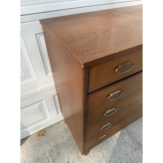 Brown Mid Century Modern Walnut Highboy Dresser With Sculptural Brass Ring Pulls For Sale - Image 8 of 12