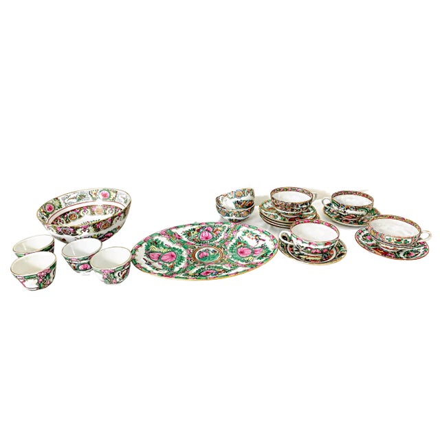 Vintage Large Chinese Famille Rose Medallions Set Salad Bowl, Oval Platter, Tea Cups & Saucers, Mini Sake/Rice Bowls Set - 19 Pieces For Sale - Image 12 of 13