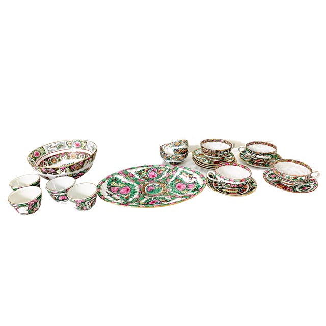 Vintage Large Famille Rose Medallions Set Salad Bowl, Oval Platter, Tea Cups & Saucers, Mini Sake/Rice Bowls Set - 19 Pieces For Sale - Image 12 of 13