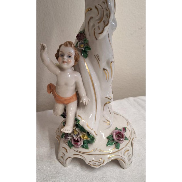 Cream German Dresden Style Table Lamp with Figural Porcelain Base and Handmade Fabric Shade, 1960s For Sale - Image 8 of 11