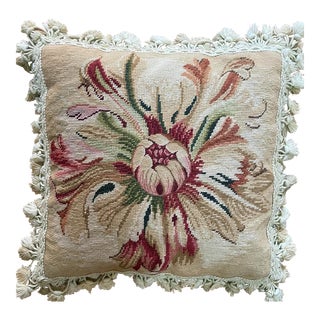 2000s Needle and Petti Point Chrysanthemum Pillow With Tassel Trim in Reds and Golds For Sale