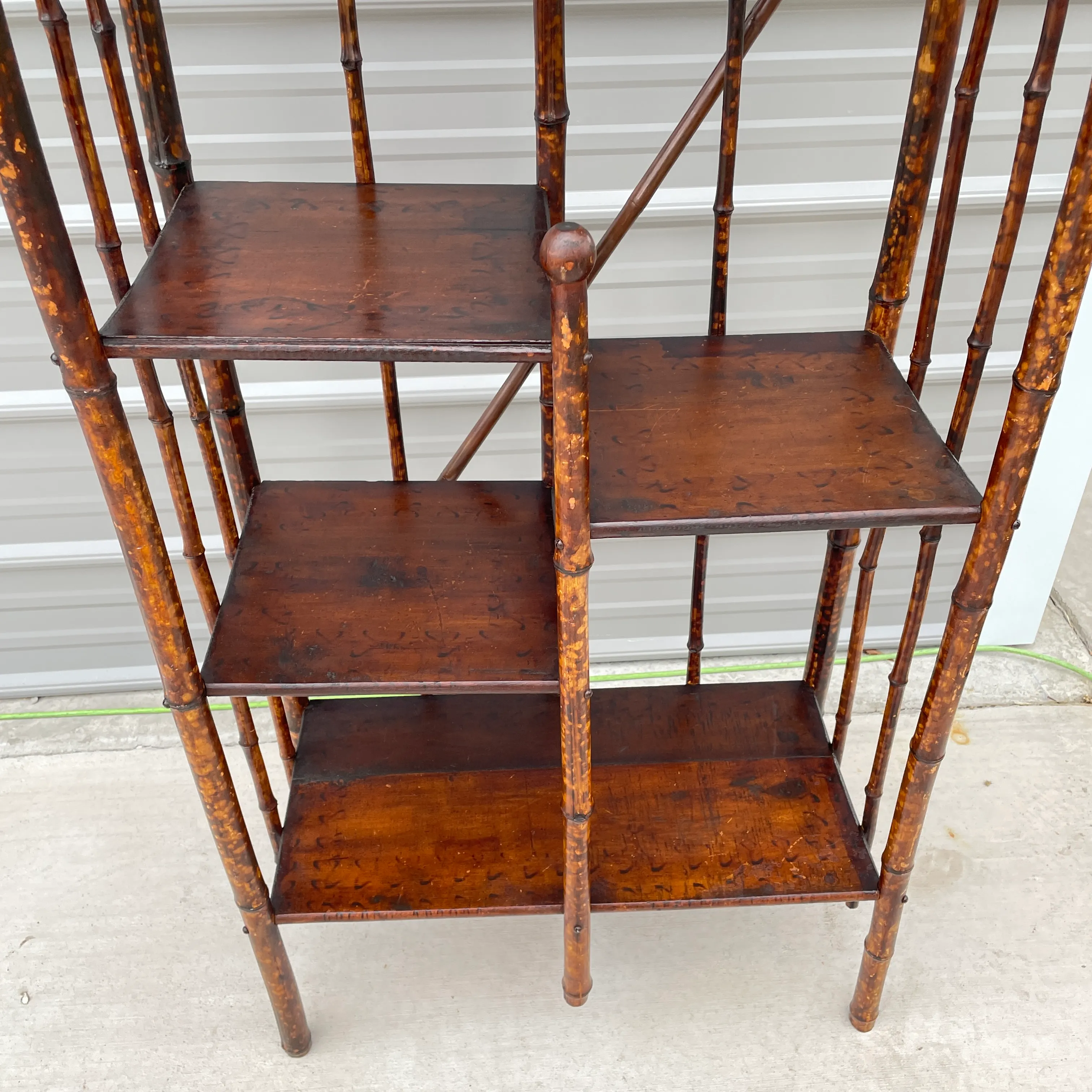 Antique Faux Tortoise Shell Finish Bamboo Etagere With Five Pine