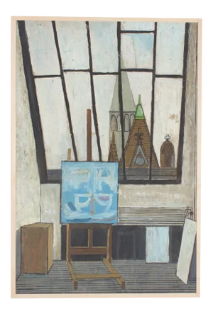 Midcentury Oil Painting on Board of a Parisian Art Studio