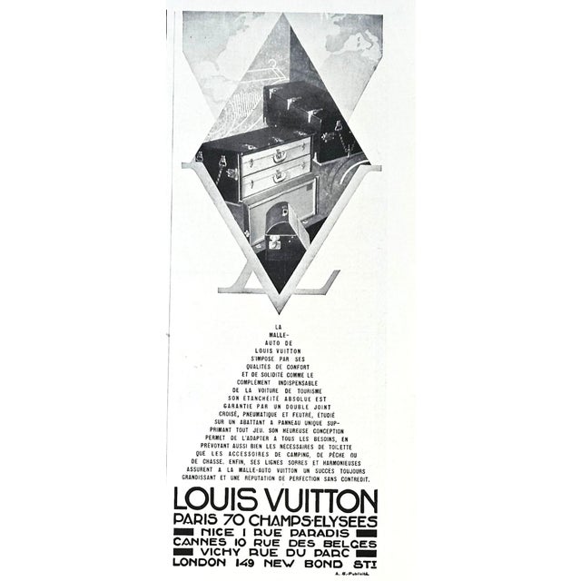 This is an original pair of 1930 French Art Deco advertisement prints for Louis Vuitton luxury travel products. They are...