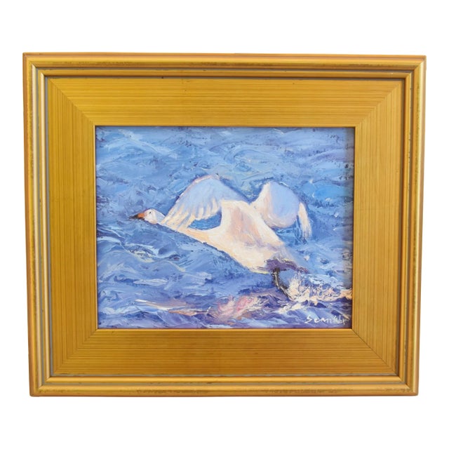Snow Goose Taking Flight Lake Oil Painting by Sean Wu Including Antiqued Gold Wood Frame For Sale
