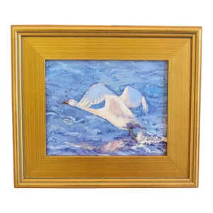 Snow Goose Taking Flight Lake Oil Painting W/ Antiqued Gold Wood Frame