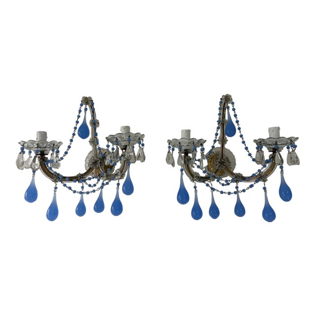 1920 French Periwinkle Lilac Purple Murano Drops and Beads Blown Glass Sconces For Sale