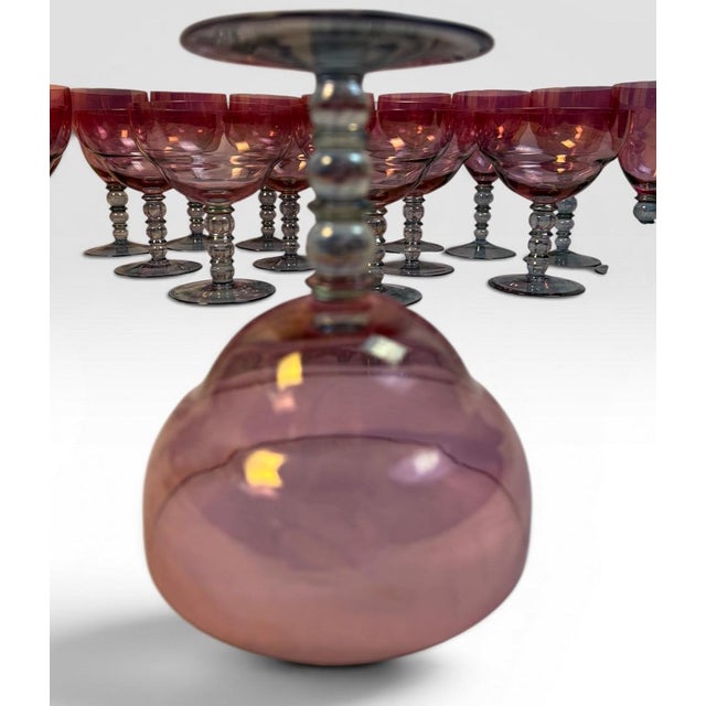Vintage Mid-Century Cranberry Pink and Clear Art Glass Stemware Lot of 20 For Sale - Image 9 of 15