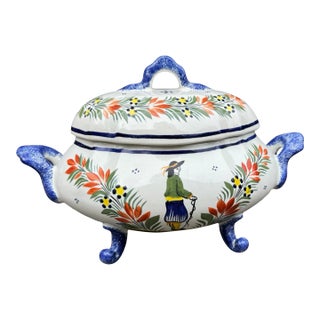 Vintage Quimper French Faience Floral Decorated Covered Tureen Serving Dish For Sale