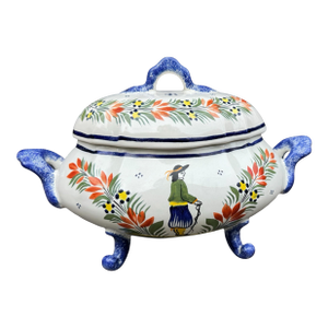 Vintage Quimper French Faience Floral Decorated Covered Tureen Serving Dish
