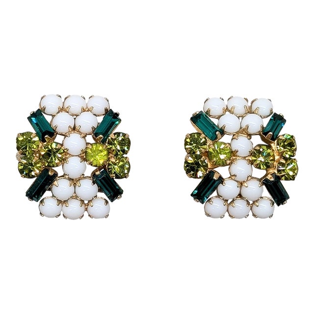 Vintage Signed Hattie Carnegie White Rhinestone, Faux-Peridot & Emerald Clip Earrings-2 Pieces For Sale