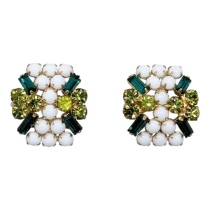 Vintage Signed Hattie Carnegie White Rhinestone, Faux-Peridot & Emerald Clip Earrings-2 Pieces