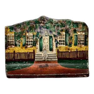 Scarce 1920s Antique American Flower Laden Cottage & Woman Cast Iron Doorstop by Eastern Specialty Mfg. Co.