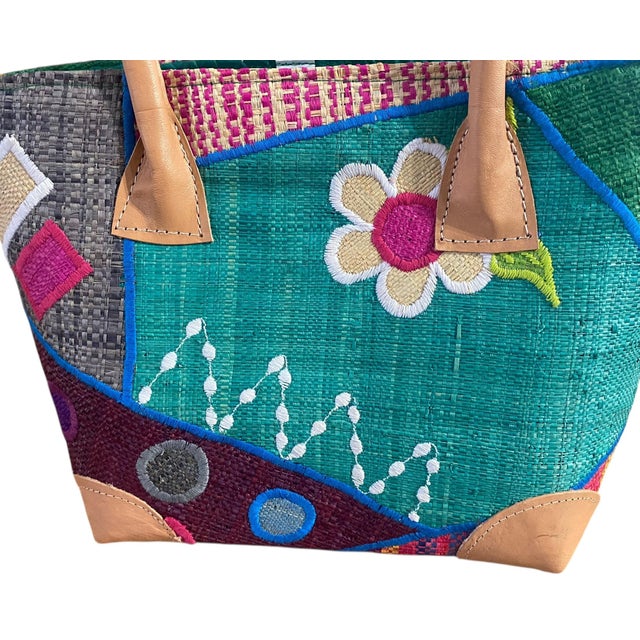 Textile Sewn & Embroidered Raffia /Leather Tote Bag Madagascar For Sale - Image 7 of 7