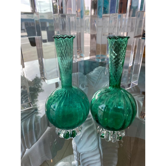Vintage Murano Emerald Glass Bud Vases -A Pair For Sale In West Palm - Image 6 of 13