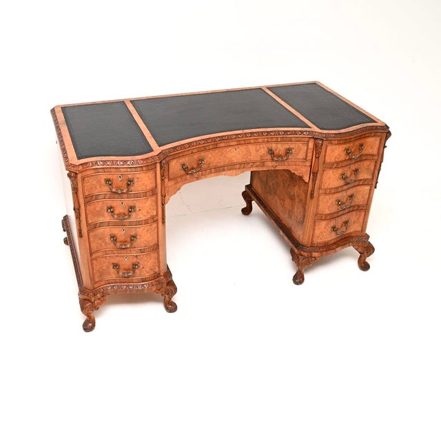 Antique Burr Walnut Pedestal Desk with Leather Top, 1900 For Sale - Image 10 of 11