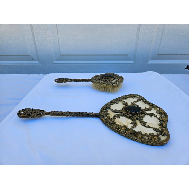 Venetian Brass Filigree Jeweled Mirror and Brush Set For Sale - Image 10 of 17