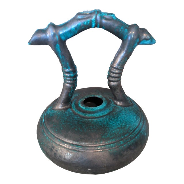 Sculptural Studio Pottery Vessel With Verdigris Glaze For Sale