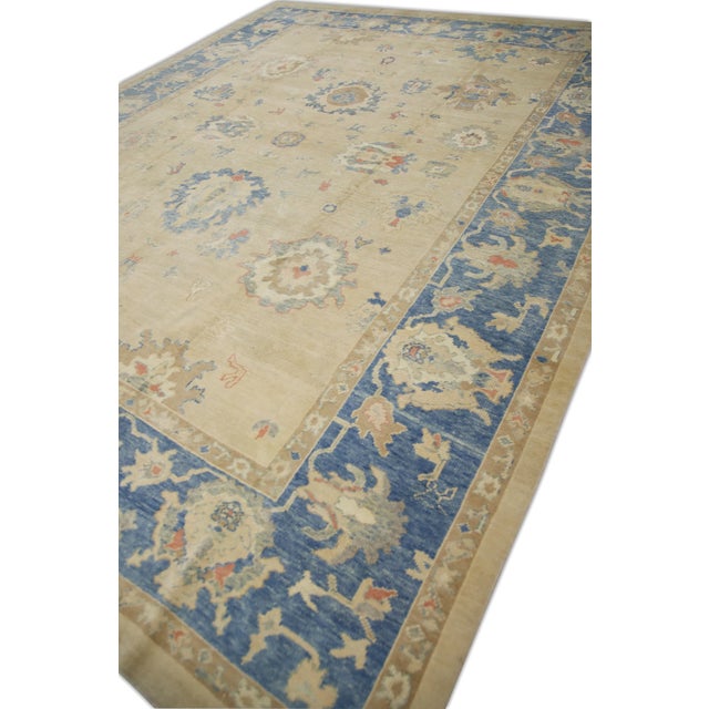 Early 21st Century Early 21st Century Tan & Blue Handwoven Turkish Oushak Rug 11'8" X 14'9" For Sale - Image 5 of 7