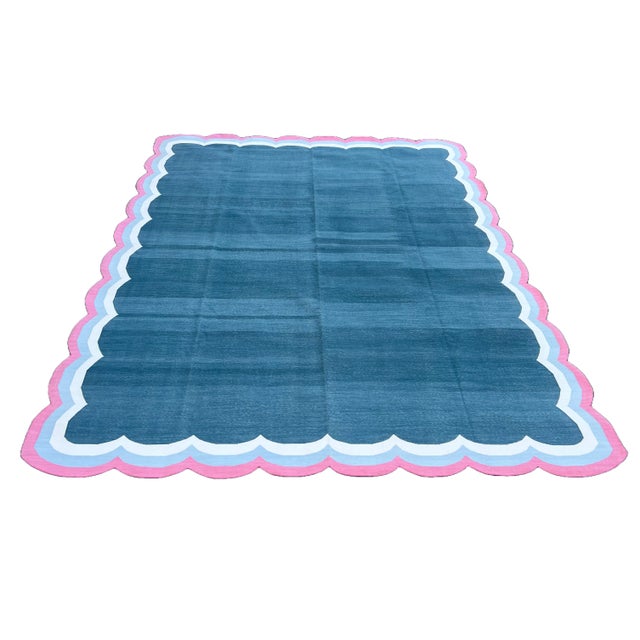 Handmade Cotton 4 Sided Scalloped Rug Celadon Blue With Cream and Pink Border - 6'x9' For Sale - Image 9 of 10