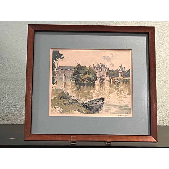 French Late 20th Century Hans Figura Signed Aquatint Etching French Chateau Castle River Boat Framed For Sale - Image 3 of 6