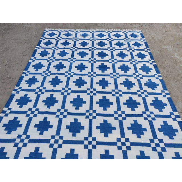 Handmade Cotton Rug, Indigo Blue And White Star Pattern Striped and Cream Fringe - 8'x10' For Sale - Image 6 of 10