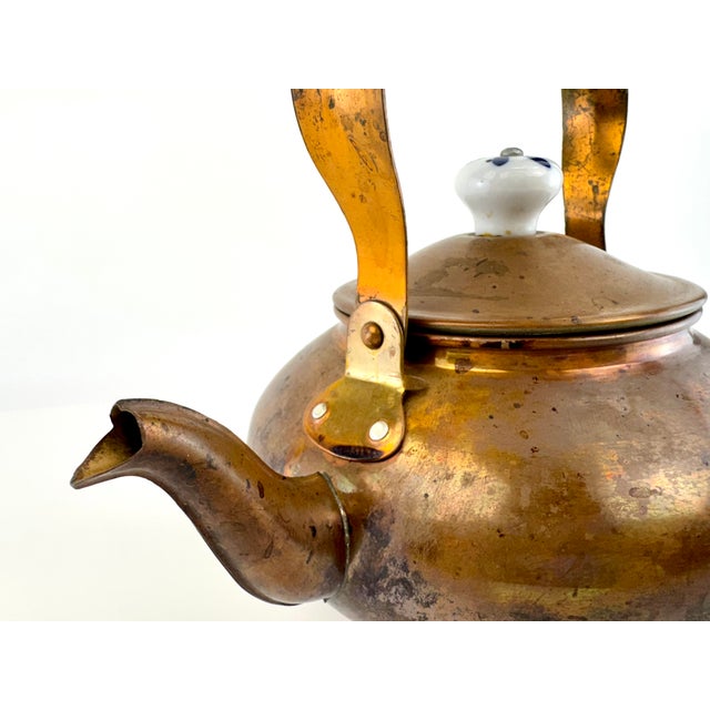 Antique Style Copper Tea Kettle With Blue & White Porcelain Handle For Sale - Image 4 of 9