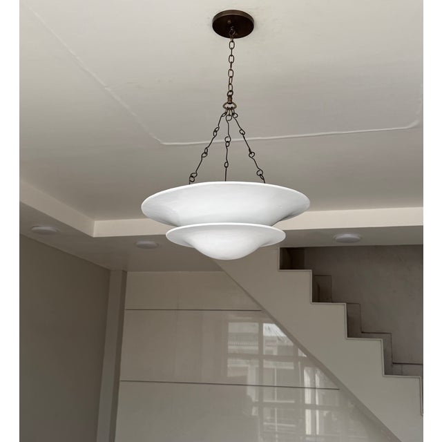 Matte White Layered Pendant Light | 4-Light Steel Shade Chandelier With Black Antique Brass Chain For Sale - Image 14 of 18