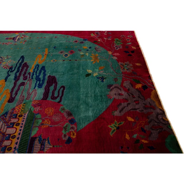 Textile Green and Red Antique Art Deco Handmade Floral Chinese Wool Rug For Sale - Image 7 of 9