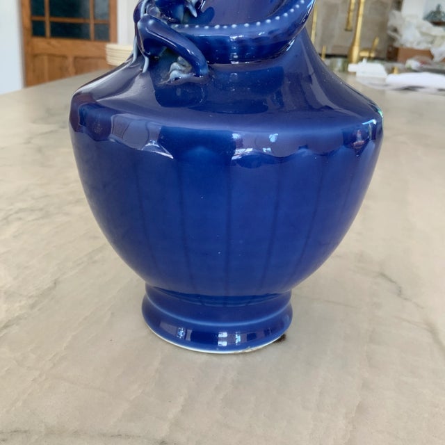 Ceramic Mid 20th Century Asian Cobalt Vases With Crawling Dragon Detail - a Pair For Sale - Image 7 of 8