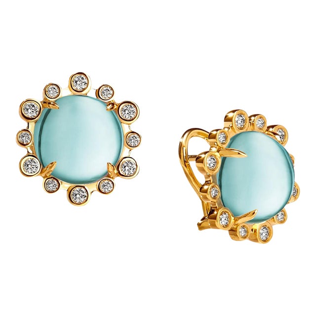 Syna Yellow Gold Hex Earrings with Blue Topaz and Diamonds, a Pair For Sale