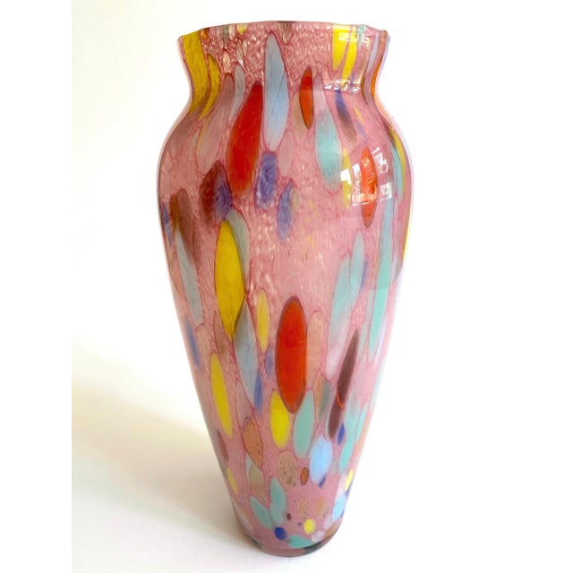 This vintage 1980's Post Modern Abstract hand blown studio art glass multicolor tall flower vase is a very special and...