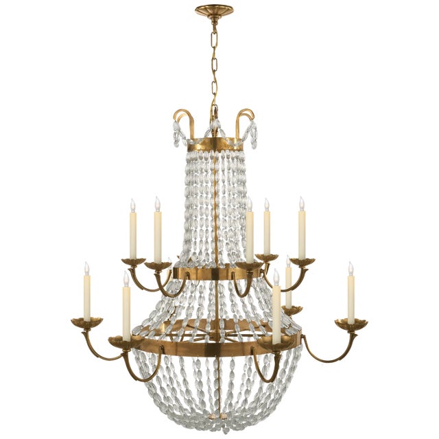 Chapman & Myers for Visual Comfort Signature Paris Flea Market Grande Chandelier in Antique-Burnished Brass with Seeded Glass For Sale