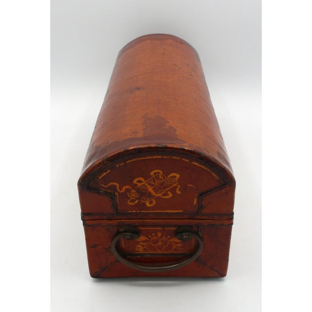 Circa 1860 domed top pigskin leather scroll case box, Chinese. Gilt frontice & side panel designs with handsome brass...