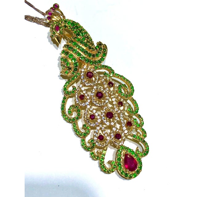 Bochic "Orient" Natural Ruby & Peridot Peacock Brooch/Pendant Set 18K & Silver For Sale - Image 18 of 18