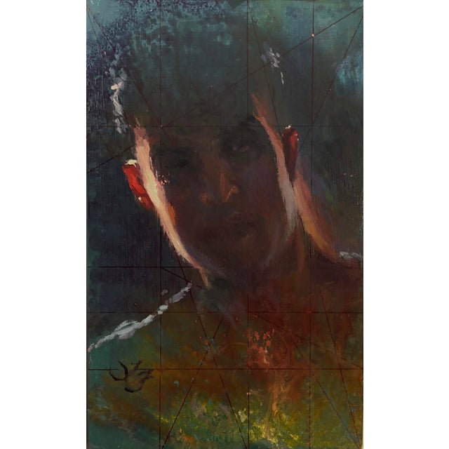 Dark Spirit by Lisa Fricker | Oil on board portrait of a figure with a dark background For Sale