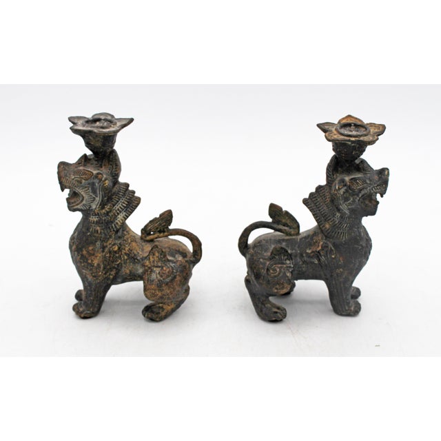Late 19th Century Pair of Bronze Burmese Chinthe Temple Guardian Lions For Sale - Image 4 of 6