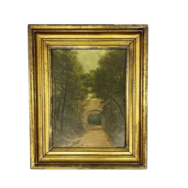 Antique French 19th-Century Oil on Board Landscape Painting in Giltwood Frame For Sale - Image 6 of 18