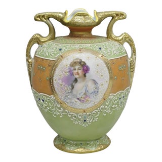 Antique Nippon Hand Painted Porcelain Green Moriage Twin Handle Portrait Vase For Sale