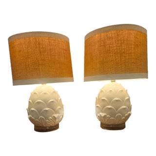 Pair of Vintage White Ceramic Pineapple/Artichoke Table Lamps With Burlap Shades For Sale