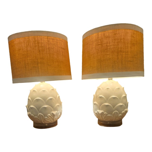 Pair of Vintage White Ceramic Pineapple/Artichoke Table Lamps With Burlap Shades For Sale